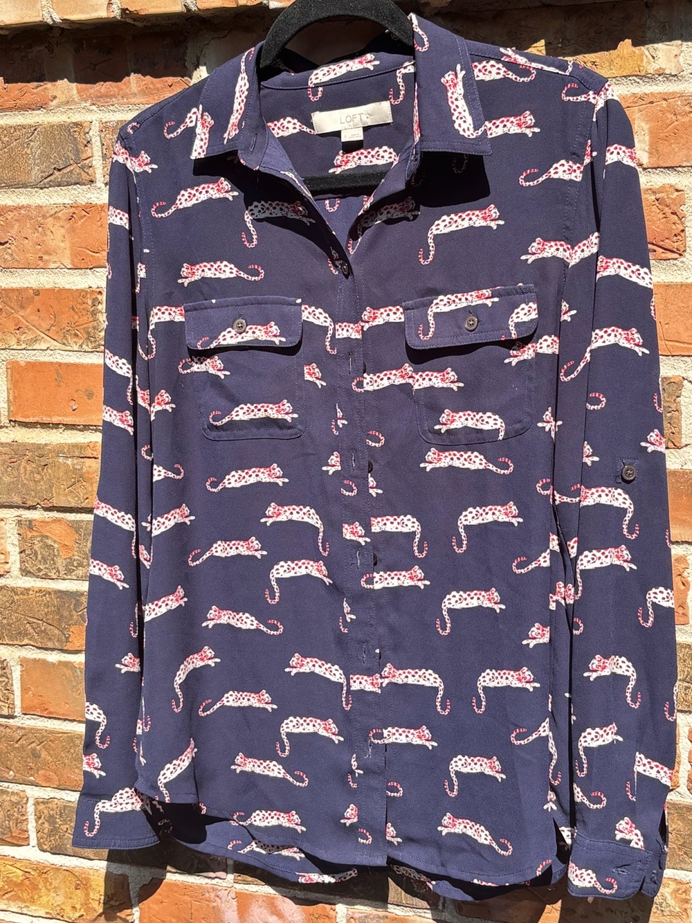 Loft Navy Button Down  With Leopard Motif.Roll Tab Sleeves Woman’s Size Small